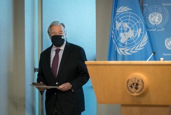 The UN Secretary-General António Guterres prepares to brief the media on the upcoming G20 Summit.