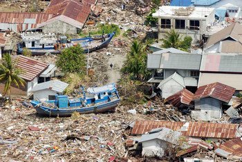 An aerial view of the vast destruction of the Indonesian coast, between the towns of Banda Aceh and Meulaboh, caused by the 26 December 2004 Indian Ocean tsunami.