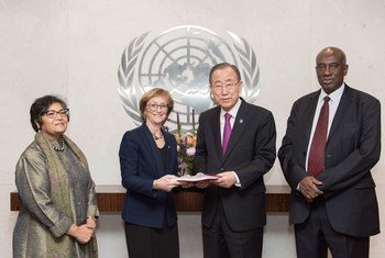Secretary-General Ban Ki-moon receives the report of the External Review Panel looking into allegations of sexual abuse by foreign military forces in the Central African Republic.