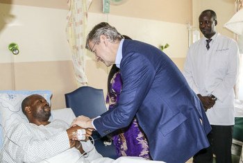 Under-Secretary-General for Peacekeeping Operations Jean-Pierre Lacroix meets injured Tanzanian peacekeepers at the Nakasero Hospital in Kampala, Uganda.