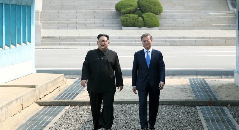 President Moon Jae-in (right) of the Republic of Korea greets Chairman of the State Affairs Commission Kim Jong-Un of the DPRK in Panmunjeom, during the April 2018 inter-Korean summit. President Moon Jae-in (right) of the Republic of Korea greets Chairman of the State Affairs Commission Kim Jong-Un of the DPRK in Panmunjeom, during the April 2018 inter-Korean summit.