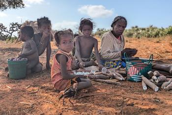 A woman and her grandchildren prepare manioc for dinner in Madagascar.