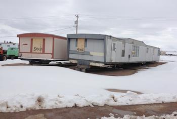 Roadside trailers in The Pine Ridge Indian Reservation in South Dakota, USA.