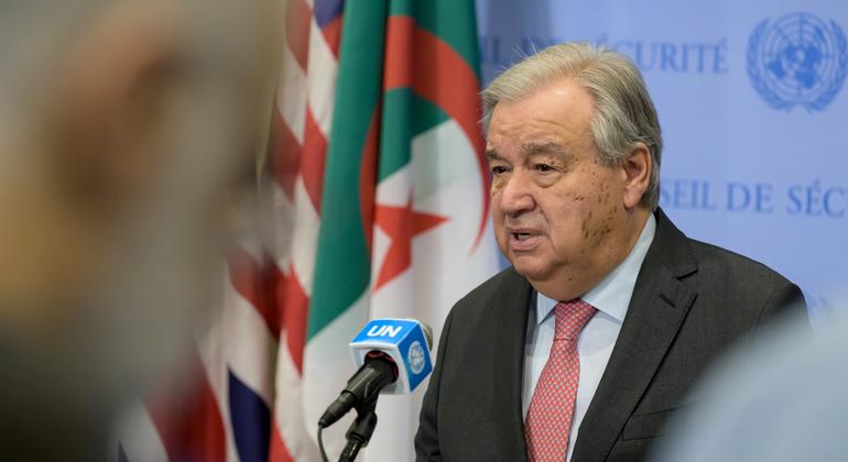 Secretary-General António Guterres speaks to the press at UN Headquarters, in New York.
