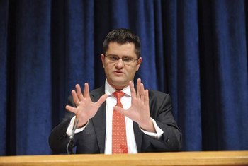 General Assembly President Vuk Jeremic briefs press.