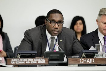 Ambassador Henry L. Mac-Donald of Suriname, Chair of the General Assembly’s Third Committee, during discussions.